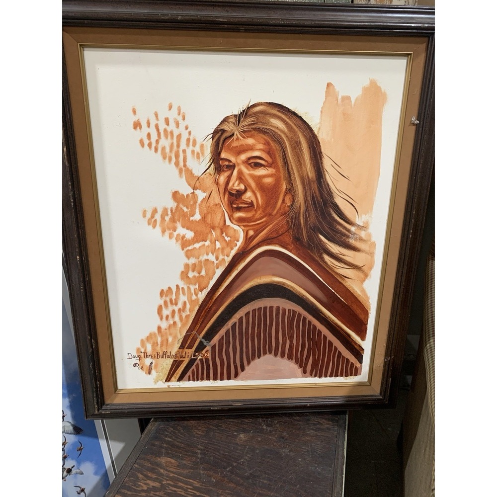 VTG Artist Signed Doug Wilson painting Native‎ American Indian Three Buffalos 88